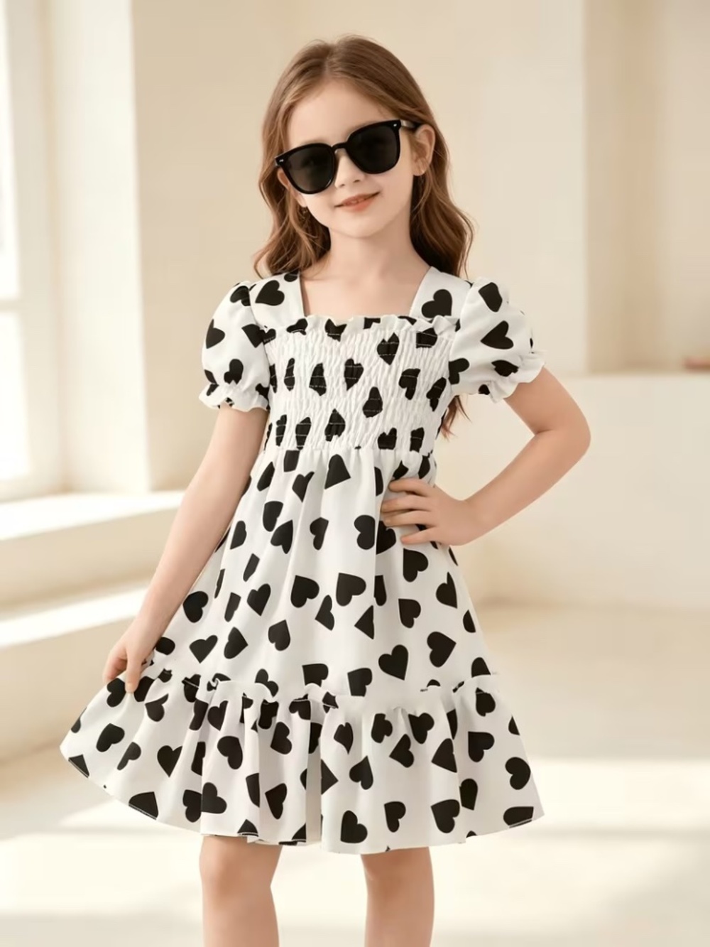 Girls Black & White Heart Print Princess Dress-Puff Sleeves-Ruffled Hem-4Y